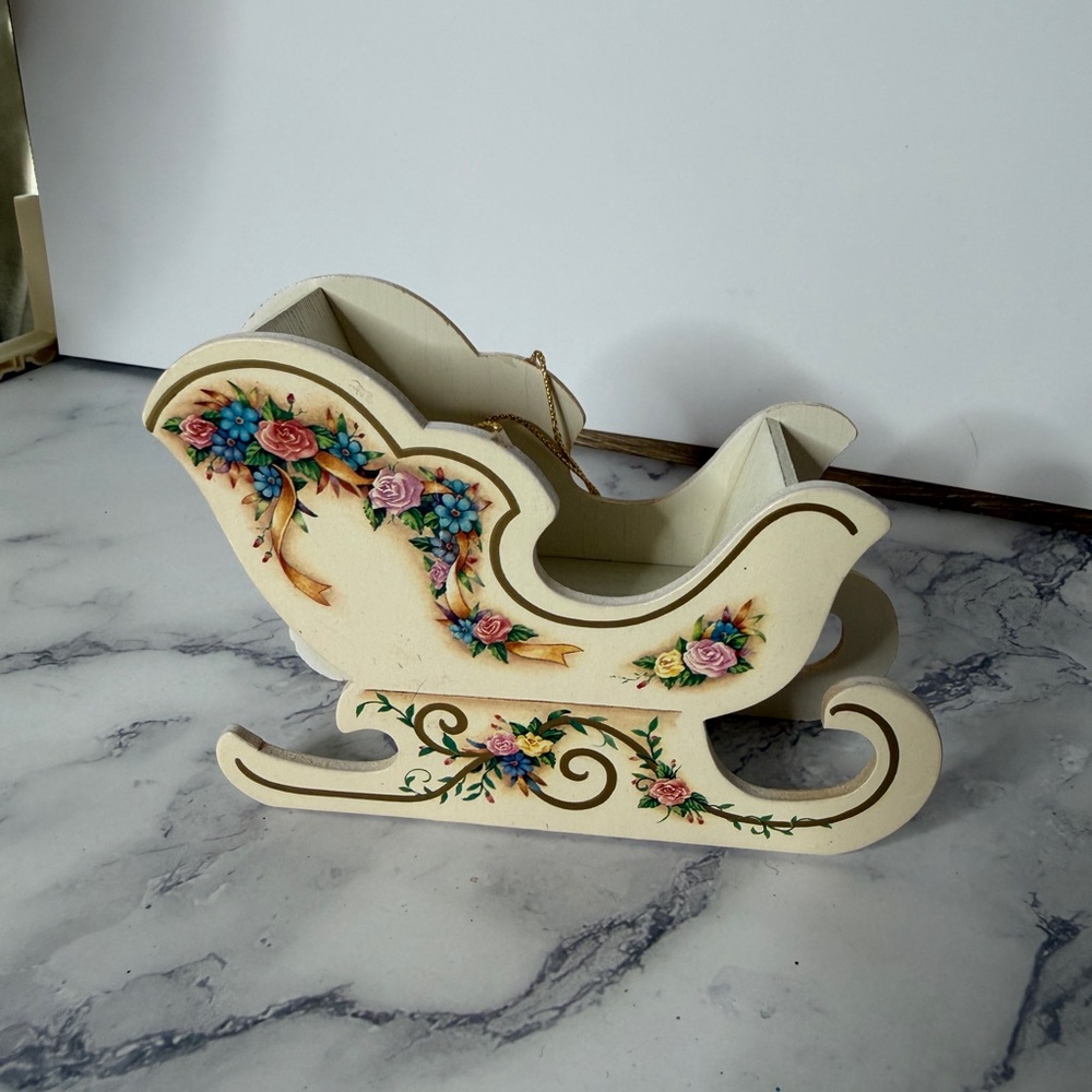 Wooden Sleigh Christmas Ornament Floral Vintage Style Decor